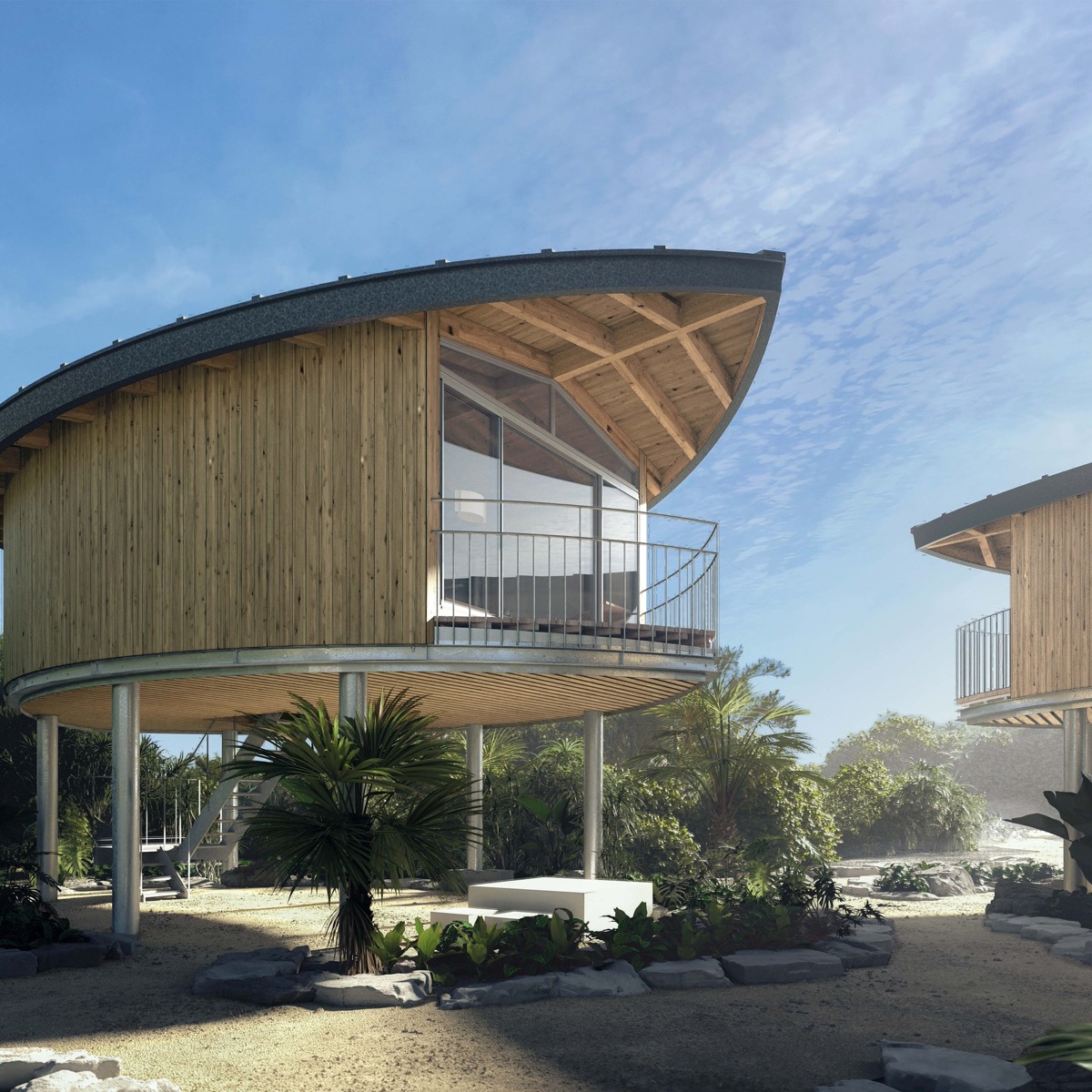 亜熱帯の自然に対応した高床形式のSANU CABIN ARC外観（SANU 2nd Home 公式より）