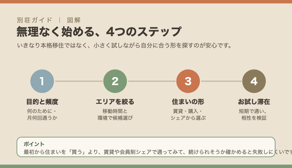 二拠点生活を無理なく始める4つのステップ図解