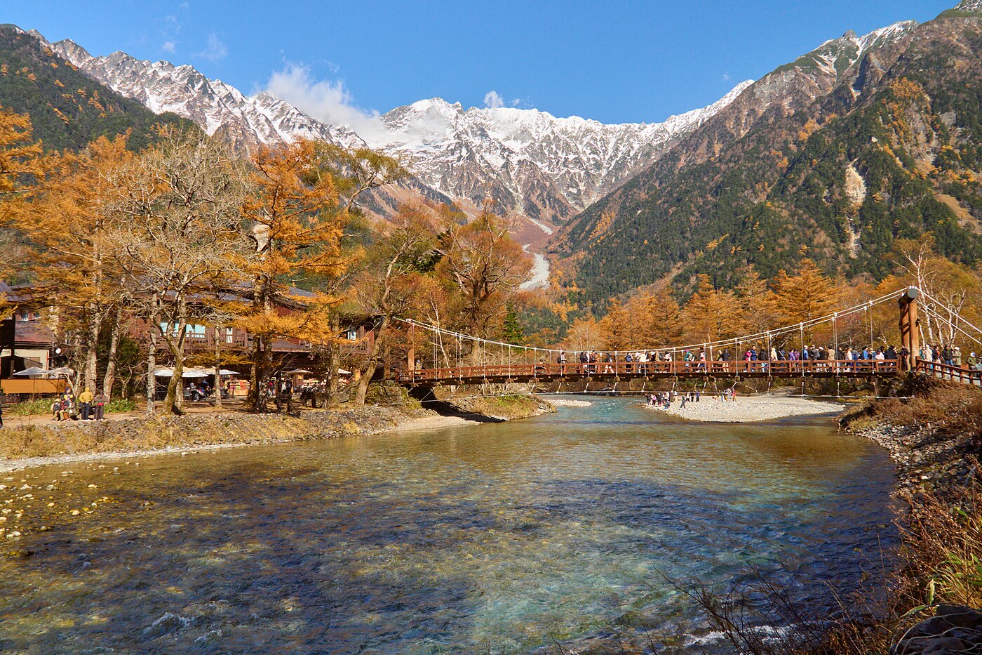 秋の上高地 河童橋と穂高連峰